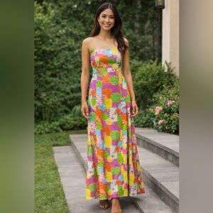 Lilly Pulitzer Vintage Strapless Maxi Dress party lights Chinese lantern print